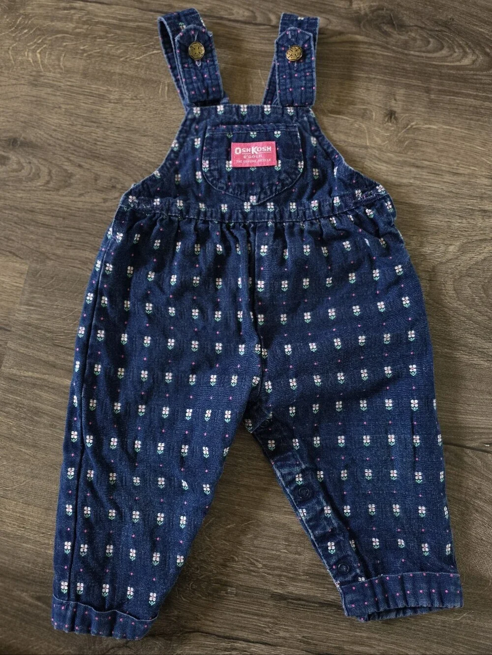 VTG Osh Kosh B'gosh Blue And Pink Floral Dot-Pattern Bow Denim Overalls